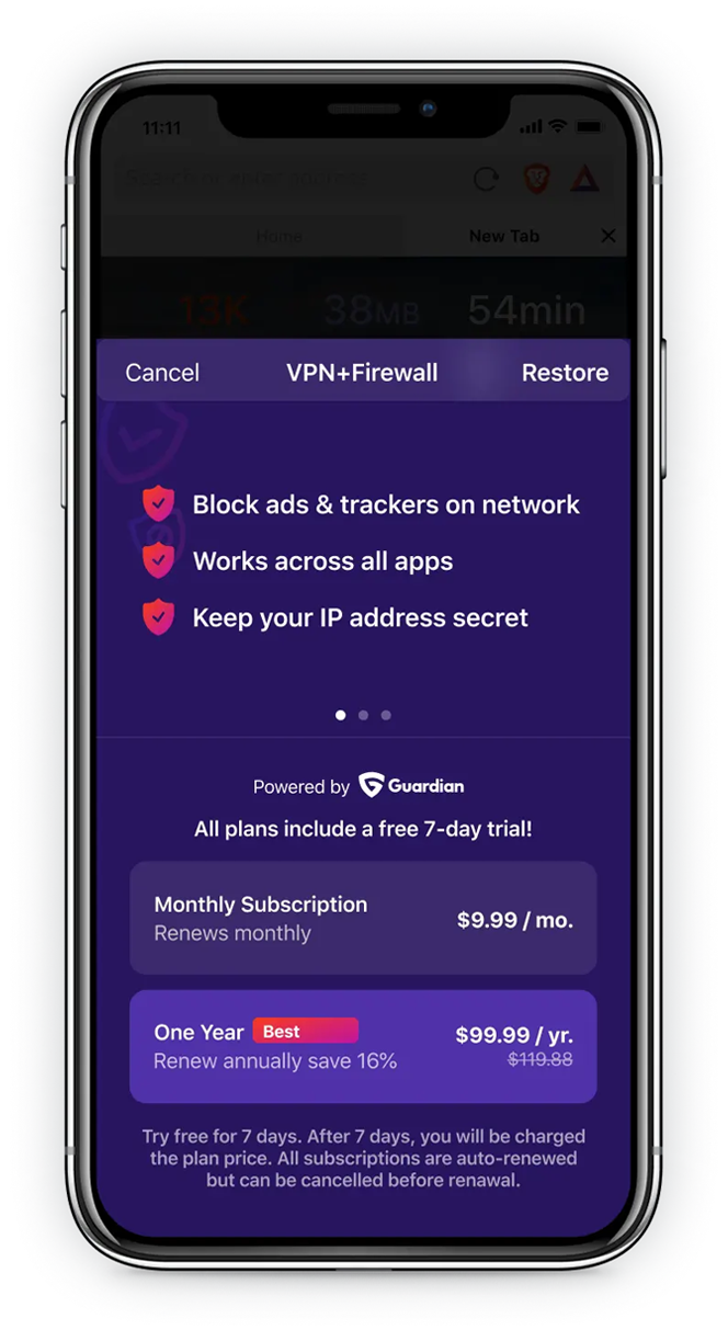 A screenshot of Brave’s VPN+Firewall A screenshot of Brave’s VPN+Firewall