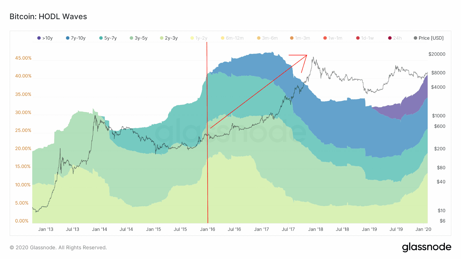 Bitcoin hodl wave chart showing stationary supply